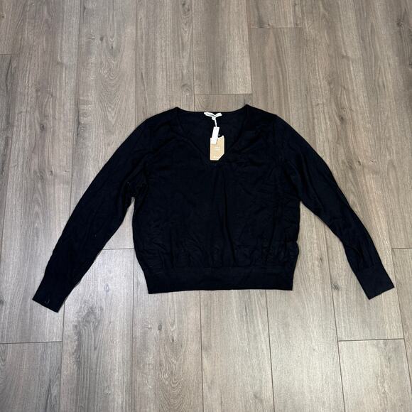 Madewell Merino Wool-Silk Blend V-Neck Sweater WMNS L Black Relaxed Fit Pullover - Picture 3 of 8